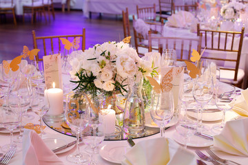 Interior of a wedding hall decoration ready for guests.Beautiful room for ceremonies and weddings.Wedding concept.