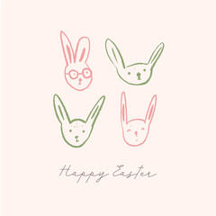 Happy Easter card on pink background with rabbit heads. Baby cute decoration