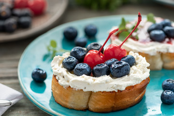 French toast with ricotta and berries, delicious breakfast.