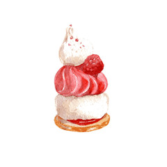 Delicious cake with meringue and raspberry. Hand drawn watercolor illustration isolated on white background. Vector - 250643964