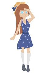 Young girl in nice sleeveless dress with polka dots and hat going to the beach isolated on a white background