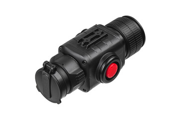 Fototapeta premium modern black optical scope for weapon isolated on whited. sight scope isolated on white back.