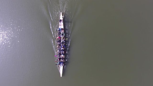 Aerial view of rowing team on water