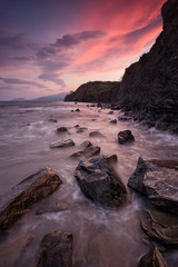 Scenic seascape with beautiful sky and stones in the foreground, long exposure, Black Sea, Russia