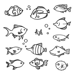 Obraz premium Ink set of vector fish on white background