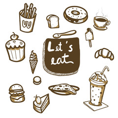 hand drawn doodle food set,desert and beverage,vector