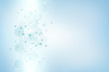 DNA strand and molecular structure. Genetic engineering or laboratory research. Background texture for medical or scientific and technological design.