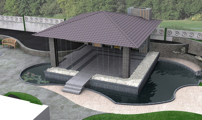 Overview of patio arrangement, aerial 3D rendering.