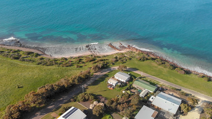 Fototapeta na wymiar Emu Bay coastline aerial view on a sunny day, Kangaroo Island, Australia