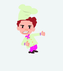 Chef shows very angry something to his left.