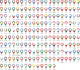 194 pins in the colours of the flags of each country in the world with the name of the country written under each pin
