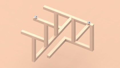 Illusion impossible shapes geometry Creative Line up Design on Pastel Orange Background - 3d rendering