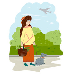 A girl with a dog is standing in the park and look into the sky at the plane flying by. Illustration in flat style.