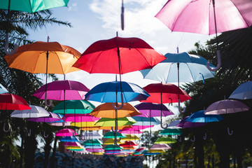 Fototapeta na wymiar Lots of umbrellas coloring the sky