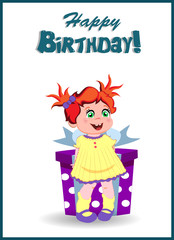 Happy Birthday Greeting Card Cartoon Little Girl
