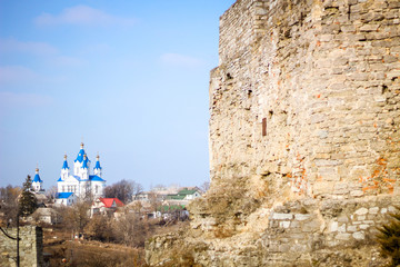 Old architecture and stones. Kamyanets Podilsky castle. Daily photos. Details of the castle. Wooden beams. Stone walls and fences. Towers and corridors. Patio.