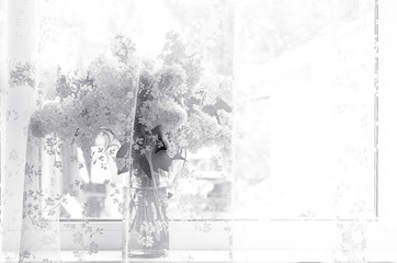 lilac bouquet window black white