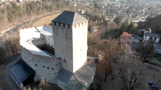 Lienz Castle aerial view in winter, Austria