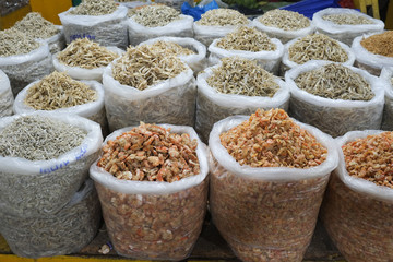 Various kinds of anchovies sold in the night market