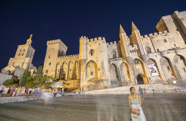 Fototapeta na wymiar AVIGNON, FRANCE - JULY 2013: Exterior view of Popes Palace at night with tourists