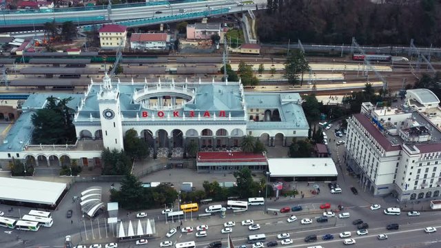 Aerial photography with a drone Sochi train station. The Central attraction of the city of Sochi. Transport hub. City centre
