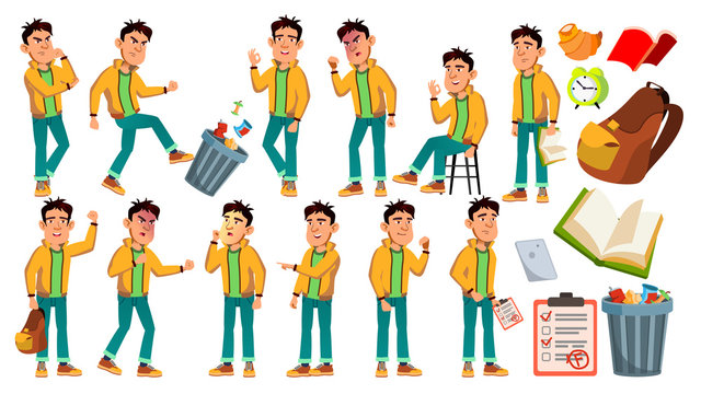 Asian Bad Boy Schoolboy Vector. High School Child. Children Study. Smile, Activity, Beautiful. For Web, Brochure, Poster Design. Isolated Cartoon Illustration