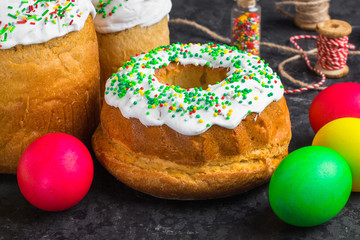 easter cake and easter eggs, traditional holiday design (happy easter!). top view. food background