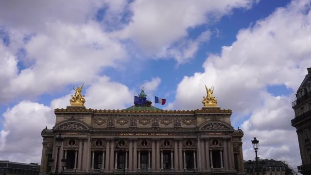 Video from famous Palais Garnier or Opera in center of Paris with beautiful scattered clouds, France                