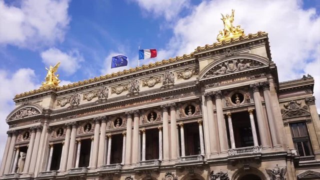 Video from famous Palais Garnier or Opera in center of Paris with beautiful scattered clouds, France                