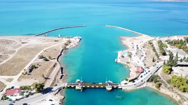 Aerial bird's eye view video taken by drone of paddle surfing in Corinth Canal of Isthmos or Isthmus, Peloponnese, Greece