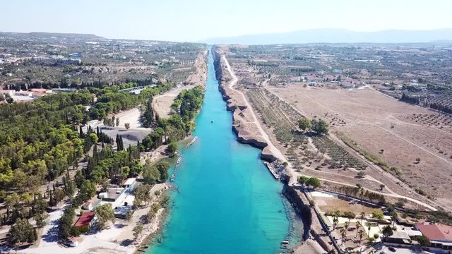 Aerial bird's eye view video taken by drone of paddle surfing in Corinth Canal of Isthmos or Isthmus, Peloponnese, Greece