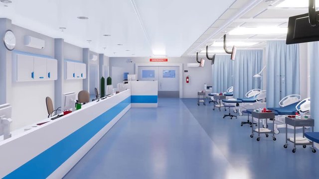 Light and clean emergency room hall in a modern clinic with empty hospital beds and various medical equipment. With no people realistic 3D animation on health care theme rendered in 4K