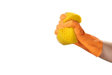 Hand in orange rubber glove shows a sign or symbol Sponge wash.