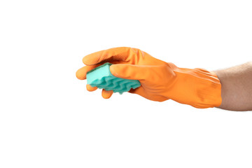 Hand in orange rubber glove shows a sign or symbol Sponge wash.