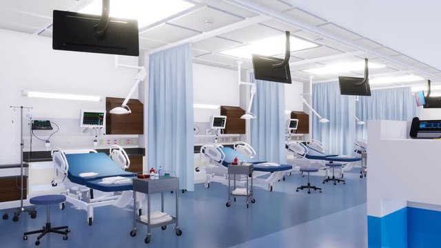 Empty emergency room interior in a modern clinic with hospital beds and medical equipment. With no people 3D animation on healthcare theme rendered in 4K