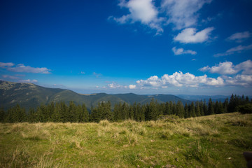 Fototapeta na wymiar Beautiful landscape of summer mountains with blue sky. Summer mountain village landscape