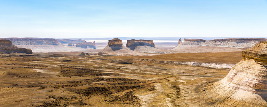 (Super wide view) A view of the mountain-castles, Bozzhira tract, unexplored region of Mangystau