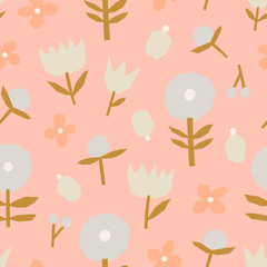 Super cute seamless pattern with cut out paper Flowers. Floral background in scandinavian style. Floral field texture.
