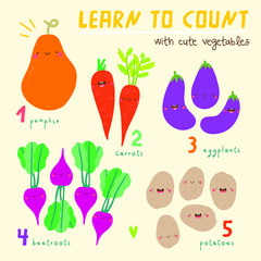 Learn to count from 1 to 5 - funny illustration with smiley Vegetables. Super cute vector Vegetables characters. Hand drawn Pumpkin, Carrot, Eggplant, Beetroot, Potato.