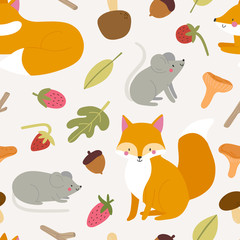 Naklejka premium Super cute pattern with Foxes and Mice. Forest animals texture - Mouse, Fox, Mushroom, Leaves, Acorn and Wild Strawberry. 