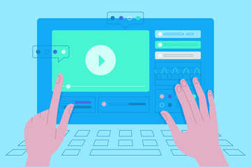 Vector illustration in simple flat style with hands and abstract user interface