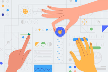 Vector illustration in simple flat style with hands and abstract user interface - teamwork and collaboration concept - tuning and developing app for business