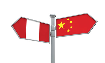China and Peru flag sign moving in different direction. 3D Rendering