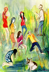Obraz na płótnie Canvas company of people walking in the park