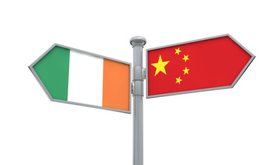 China and Ireland flag sign moving in different direction. 3D Rendering