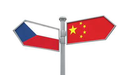 China and Czech Republic flag sign moving in different direction. 3D Rendering