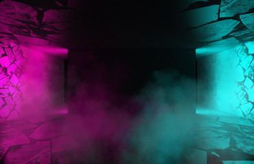 Background of empty room with concrete pavement. Spotlight light, multicolored neon light, reflection on tile. Laser lines, figures, smoke, smog