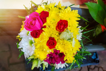 Colourful bouquet of flowers. Decorating. Roses in a flower bouquet