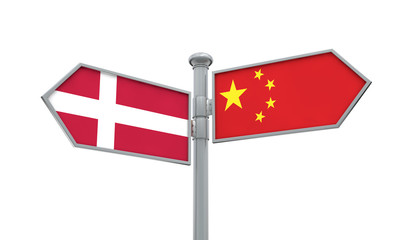 China and Denmark flag sign moving in different direction. 3D Rendering