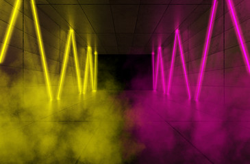 Background of empty room with concrete pavement. Spotlight light, multicolored neon light, reflection on tile. Laser lines, figures, smoke, smog